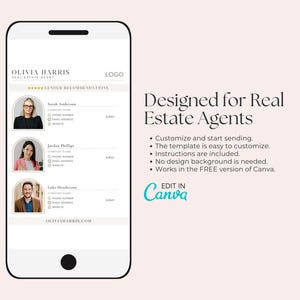 Op de afbeelding: Een smartphone toont een sjabloon voor een makelaar met aanbevelingen van kredietverstrekkers. Het ontwerp bevat profielfoto's, contactgegevens en de tekst "Designed for Real Estate Agents". Het Canva-logo is zichtbaar.
