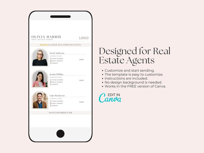 Op de afbeelding: Een smartphone toont een sjabloon voor een makelaar met aanbevelingen van kredietverstrekkers. Het ontwerp bevat profielfoto's, contactgegevens en de tekst "Designed for Real Estate Agents". Het Canva-logo is zichtbaar.