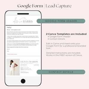 Puede incluir: Un tel&eacute;fono inteligente muestra una plantilla de captura de clientes potenciales de Google Forms. La pantalla muestra la marca de un agente inmobiliario, incluido un logotipo y datos de contacto. La imagen tambi&eacute;n incluye instrucciones y menciona plantillas de Canva.