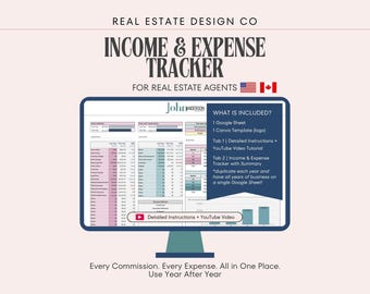 Può includere: Un monitor di computer mostra un tracker di entrate e spese per agenti immobiliari. Lo schermo mostra un foglio di calcolo con dati finanziari. Il testo sullo schermo include "Income & Expense Tracker" e "Every Commission. Every Expense. All in One Place."