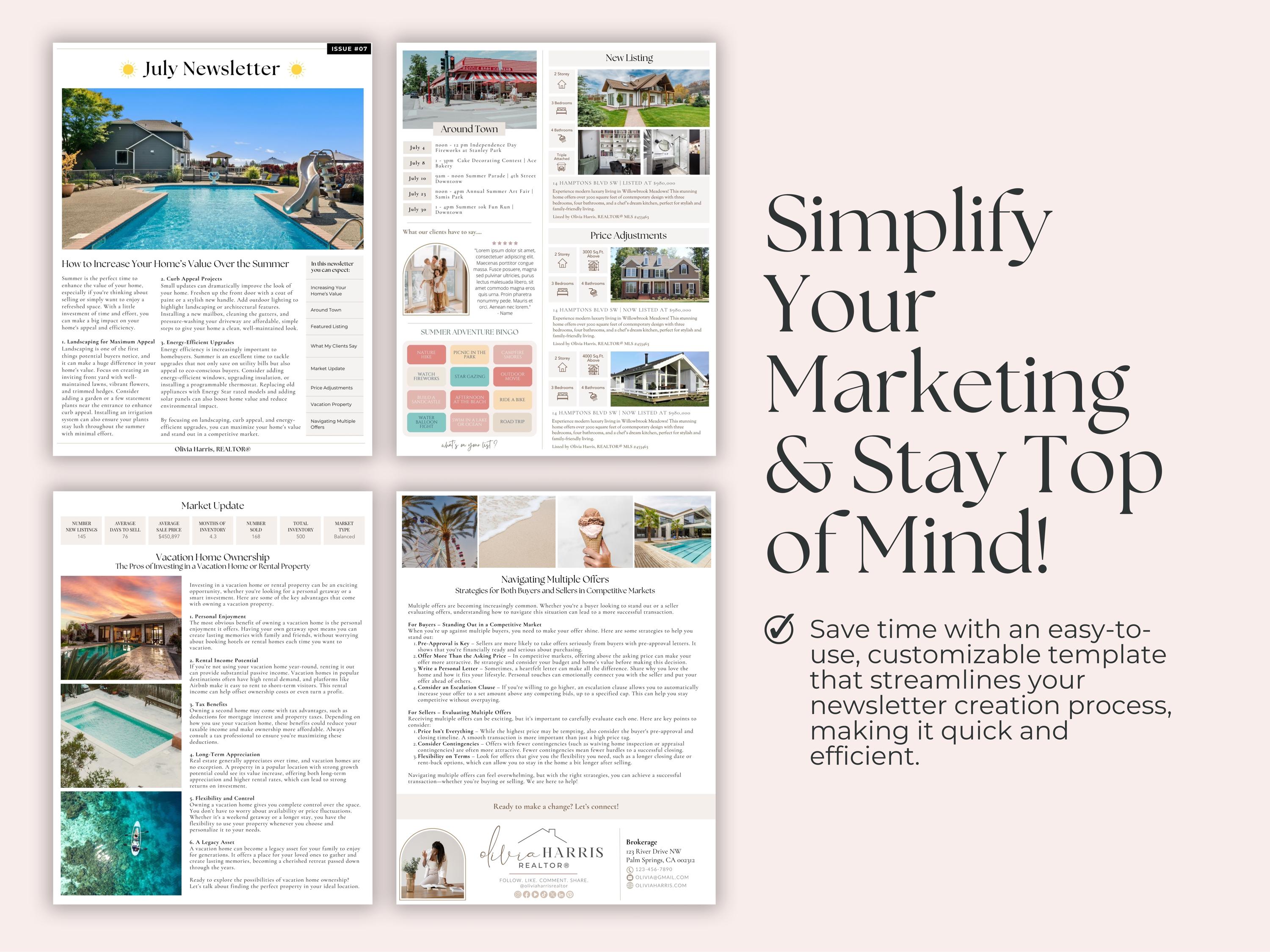 Real Estate July Newsletter | Summer Marketing, Canva Template, Print ...