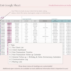 Lista de clientes inmobiliarios en Google Sheets, CRM con calendario de seguimiento, panel de control de clientes. imagen 2