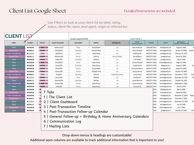 Lista de clientes inmobiliarios en Google Sheets, CRM con calendario de seguimiento, panel de control de clientes. imagen 2