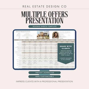 May include: A digital Google Sheets template for real estate offer presentations, displayed on a computer screen. The interface features a comparison table for multiple offers, property photos, agent details, and a section titled Share With Clients.