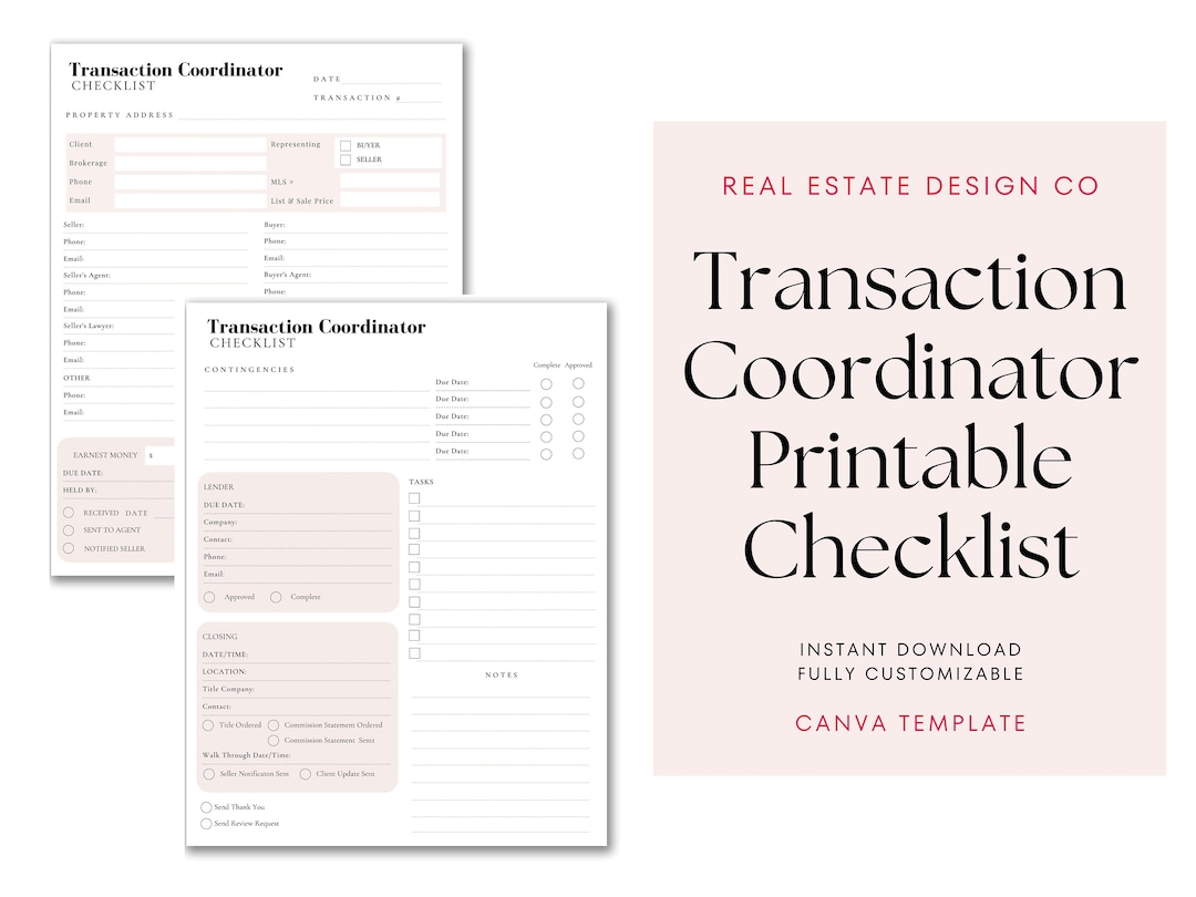 Transaction Coordinator Checklist Canva Template Real Estate - Etsy