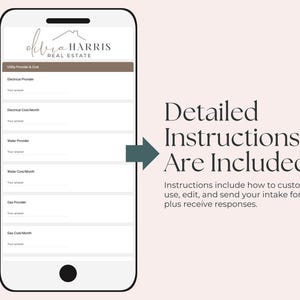 May include: A mobile phone screen displaying a form for utility providers and costs. The form includes fields for electrical provider, electrical cost per month, water provider, water cost per month, gas provider, and gas cost per month. The form is titled "Utility Provider & Cost". The phone screen is white with a brown header that says "Olivia Harris Real Estate".