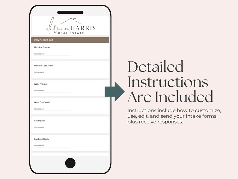 May include: A mobile phone screen displaying a form for utility providers and costs. The form includes fields for electrical provider, electrical cost per month, water provider, water cost per month, gas provider, and gas cost per month. The form is titled "Utility Provider & Cost". The phone screen is white with a brown header that says "Olivia Harris Real Estate".