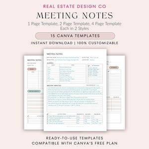 Meeting Notes Canva Template, Meeting Minutes Template, Editable Meeting Notes, Note Taking, PDF, Meeting Agenda, Track Action Items