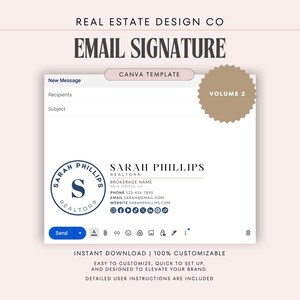 Può includere: Un modello di firma e-mail digitale con il testo "EMAIL SIGNATURE" e "CANVA TEMPLATE". Il design include un logo circolare con la lettera "S" e le informazioni di contatto. Sono presenti anche le parole "DOWNLOAD IMMEDIATO" e "100% PERSONALIZZABILE".