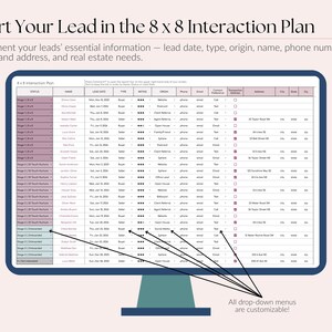 Op de afbeelding: Een computermonitor toont een spreadsheet met de titel "8 x 8 Interaction Plan". Het scherm toont een tabel met kolommen voor lead date, type, origin, name, phone number, email en address. Tekst bovenaan luidt "Start Your Lead in the 8 x 8 Interaction Plan."