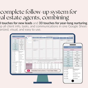 Op de afbeelding: Een digitaal follow-up systeem voor makelaars, weergegeven op een computermonitor en smartphone. Het systeem combineert 8x8 contactmomenten voor nieuwe leads en 33 contactmomenten voor langdurige nurturing. De tekst "Detailed Instructions + YouTube Video" is zichtbaar.