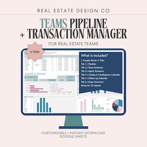 Plantilla de Google Sheets para el embudo de ventas del equipo inmobiliario: Seguimiento de transacciones, Seguimiento de clientes, Seguimiento de clientes potenciales.