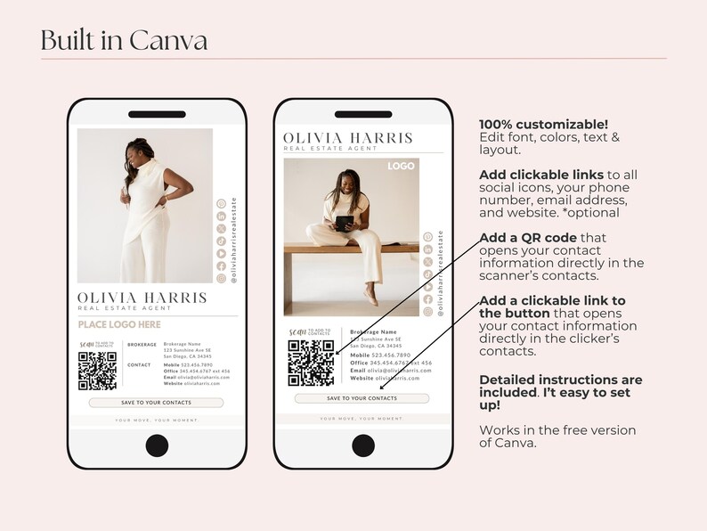 Mall för digitala visitkort för fastigheter i Canva med QR-kod och klickbara länkar bild 4