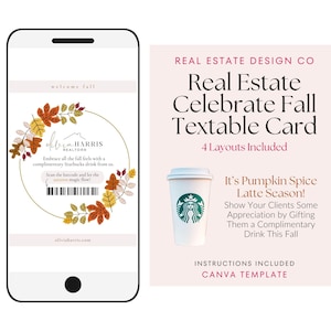 Digitale koffiecadeaubon onroerend goed herfst, tekstberichtsjabloon makelaar, tekstkaartsjabloon agent marketingcanva koffiekaart