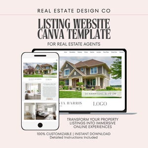 Plantilla de Canva para sitio web de anuncios inmobiliarios: Marketing para agentes, enlaces interactivos (descarga digital)