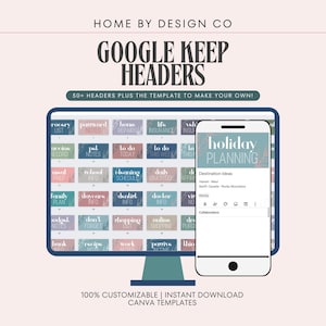 May include: A digital display showing Google Keep headers with text labels like Grocery List, Password Notes, and Holiday Planning. The screen features a grid of rectangular headers in muted blue, pink, and green tones with leaf patterns.