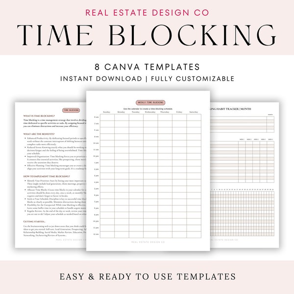 Real Estate Agent Time Blocking Planner Canva Template, Daily Weekly and Monthly Time Blocking, Habit Tracker, Time Audit, Realtor Schedule