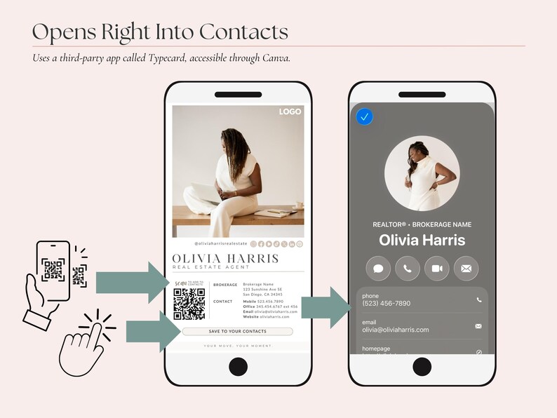 Mall för digitala visitkort för fastigheter i Canva med QR-kod och klickbara länkar bild 5
