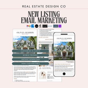 Peut inclure: Un modèle de marketing numérique pour les annonces immobilières intitulé Real Estate Design Co New Listing Email Marketing. Le design inclut un smartphone affichant une annonce immobilière Olivia Harris Realtors avec photo et texte.