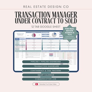 Peut inclure: Modèle de feuille de calcul numérique pour la gestion des transactions immobilières. L'image montre une feuille Google avec plusieurs onglets, dont un tableau de bord des transactions, un tableau de bord des pipelines et un calendrier intelligent. Le texte sur l'image comprend "Transaction Manager Under Contract to Sold."