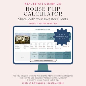 Property Flip Calculator Google Sheets Template for Real Estate Agents and Real Estate Investors, House Flipping, Marketing Tool, ROI Profit