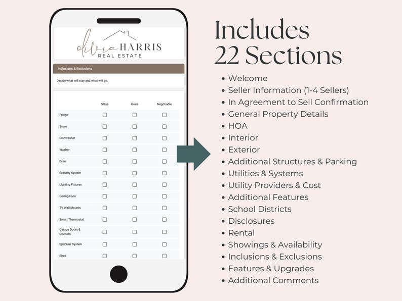 May include: A mobile phone screen displaying a checklist with the title "Inclusions & Exclusions". The checklist includes items such as "Fridge", "Stove", "Dishwasher", "Washer", "Dryer", "Security System", "Lighting Fixtures", "Ceiling Fans", "TV Wall Mounts", "Smart Thermostat", "Garage Doors & Openers", "Sprinkler System", and "Shed". The phone screen is next to a white background with the text "Includes 22 Sections" and a list of 22 sections.