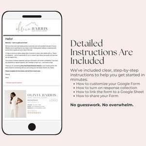 Puede incluir: Un tel&eacute;fono inteligente muestra una plantilla de correo electr&oacute;nico de un agente inmobiliario con el logotipo y la informaci&oacute;n de contacto del agente. El texto "Detailed Instructions Are Included" se muestra, con instrucciones sobre c&oacute;mo personalizar un formulario de Google.