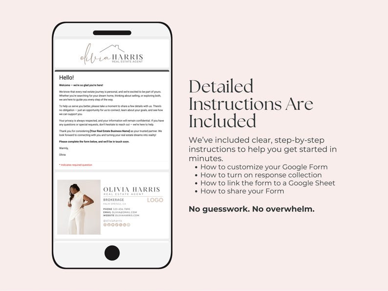 Puede incluir: Un tel&eacute;fono inteligente muestra una plantilla de correo electr&oacute;nico de un agente inmobiliario con el logotipo y la informaci&oacute;n de contacto del agente. El texto "Detailed Instructions Are Included" se muestra, con instrucciones sobre c&oacute;mo personalizar un formulario de Google.