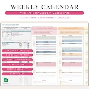 Weekly Digital Planner Spreadsheet Calendar for Google Sheets, To Do List, Daily Schedule, Habit Tracker, Task Tracker, To-do List Planner