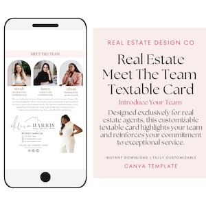 Plantilla de mensaje de texto para conocer al equipo de agentes inmobiliarios, plantilla de Canva, tarjeta de texto, marketing inmobiliario, información de contacto
