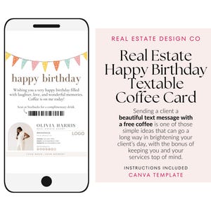 誕生日おめでとうテキストメッセージカード、コーヒーカード、ギフト、不動産Canvaテンプレート、テキストメッセージ、バーコード、エージェントマーケティングツール、ビジネステンプレート