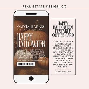 Tarjeta de café de Halloween para enviar por mensaje de texto: Plantilla de Canva para marketing de otoño de agentes inmobiliarios, regalo para clientes
