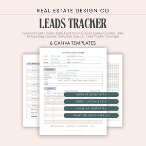 Real Estate Leads Tracker, 6 Canva Templates, Lead Source, Instant Download