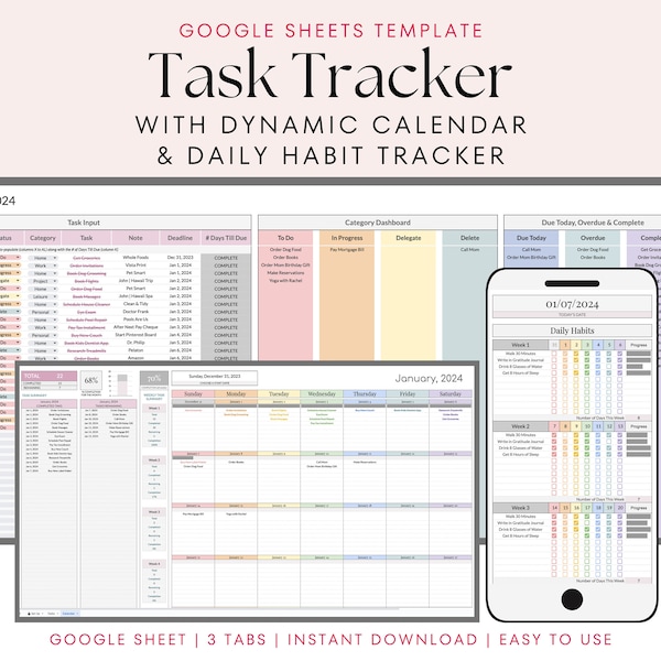 To-Do List Task Tracker with Monthly Dynamic Calendar and Habit Tracker Google Sheets Spreadsheet, Monthly Planner, Productivity Tracker