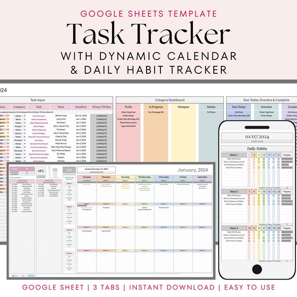 To-Do List Task Tracker with Monthly Dynamic Calendar and Habit Tracker Google Sheets Spreadsheet, Monthly Planner, Productivity Tracker