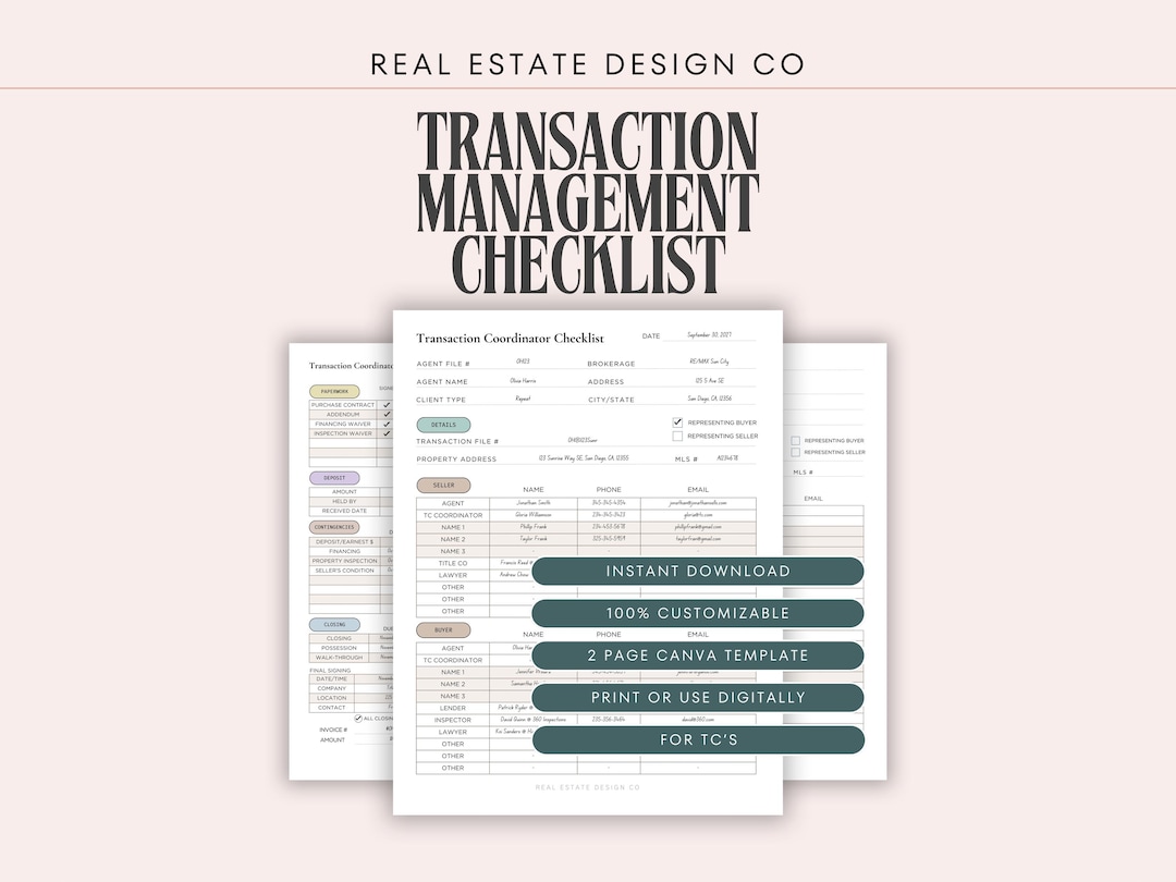 Real Estate Transaction Coordinator Checklist, 2-page Canva Template ...