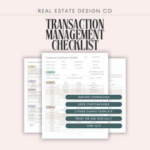 Real Estate Transaction Coordinator Checklist, 2-Page Canva Template, Print or Use Digitally