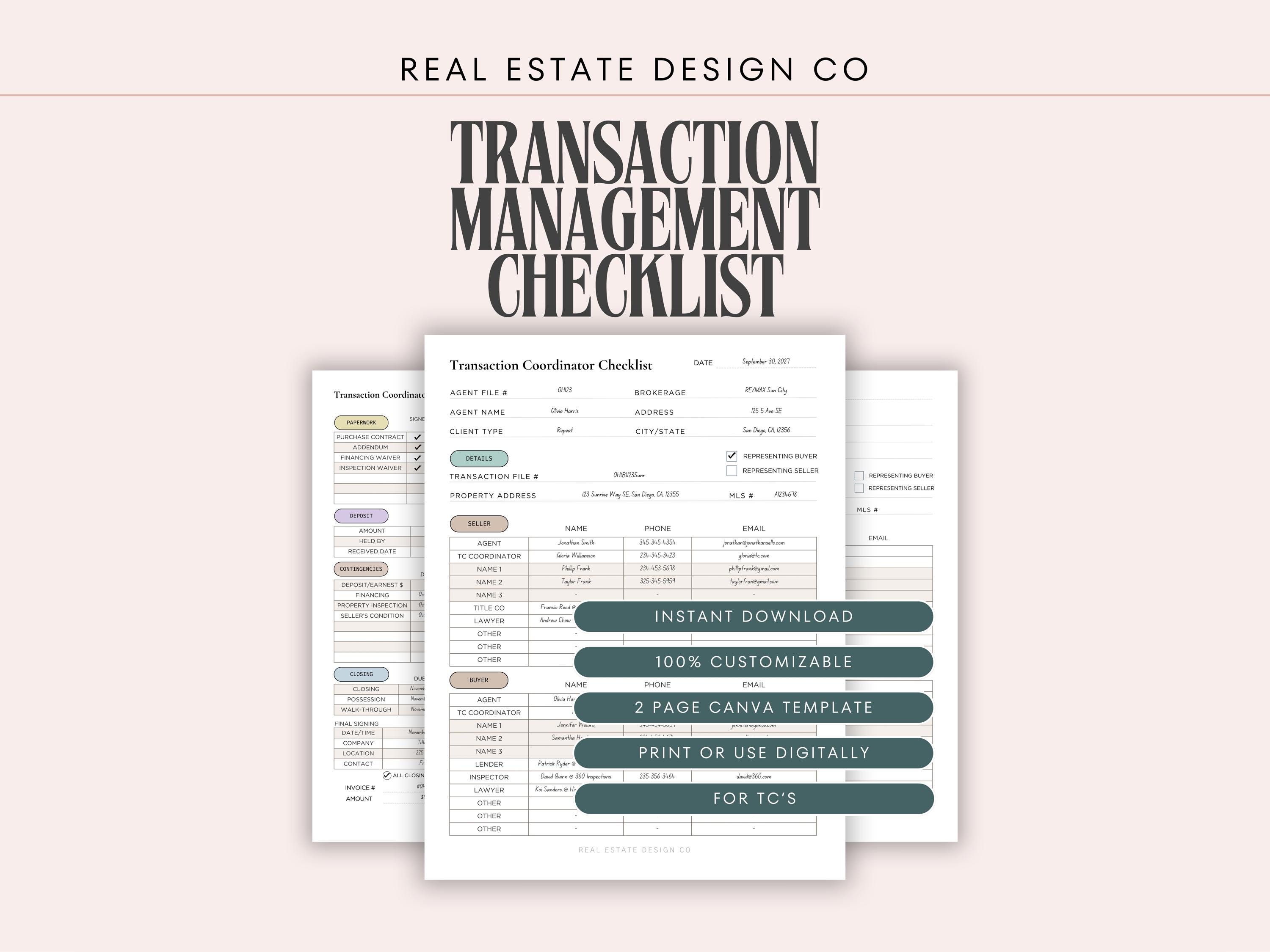 Real Estate Transaction Coordinator Checklist, 2-page Canva Template, Print or Use Digitally - Etsy
