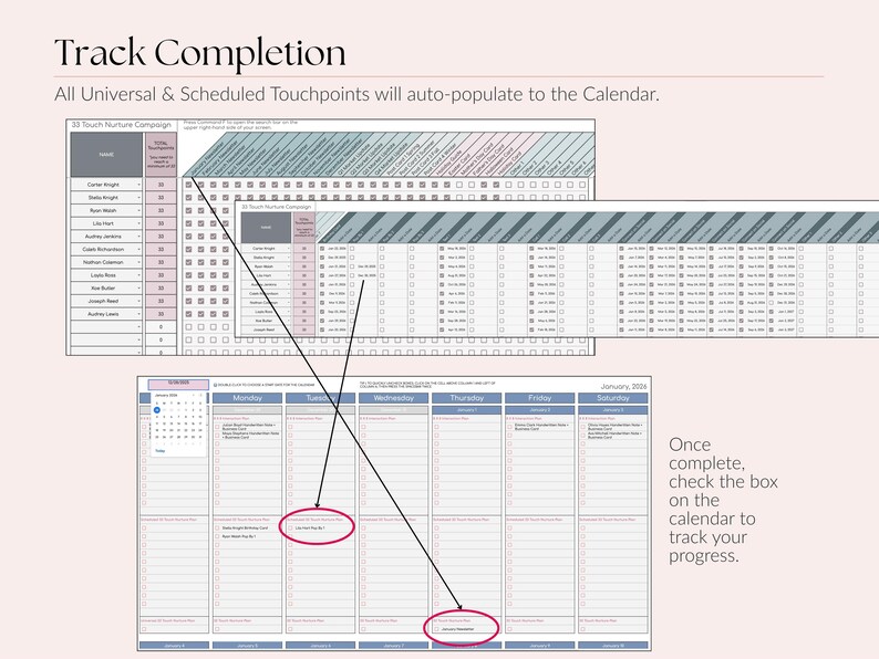 Op de afbeelding: Een digitale plannerinterface met de tekst "Track Completion". De afbeelding toont een kalender met meerdere secties en een takenlijst. Pijlen wijzen van de takenlijst naar de kalender, met instructies om vakjes aan te vinken om de voortgang bij te houden.