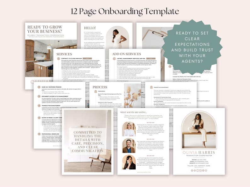 K&ouml;nnte beinhalten: Eine 12-seitige Onboarding-Vorlage, die Unternehmen beim Wachstum unterst&uuml;tzen soll. Die Vorlage umfasst Abschnitte zu Dienstleistungen, Zusatzleistungen, Prozessen und Kommunikation. Sie enth&auml;lt auch ein Zitat &uuml;ber die sorgf&auml;ltige, pr&auml;zise und klare Kommunikation bei der Bearbeitung von Details. Die Vorlage soll Unternehmen dabei helfen, klare Erwartungen zu setzen und Vertrauen zu ihren Agenten aufzubauen.