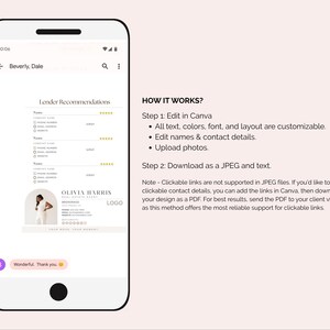 Op de afbeelding: Een smartphone toont een sjabloon voor aanbevelingen van kredietverstrekkers met de naam "Olivia Harris" en de tekst "Hoe werkt het?" Het scherm toont bewerkbare velden en instructies voor Canva.
