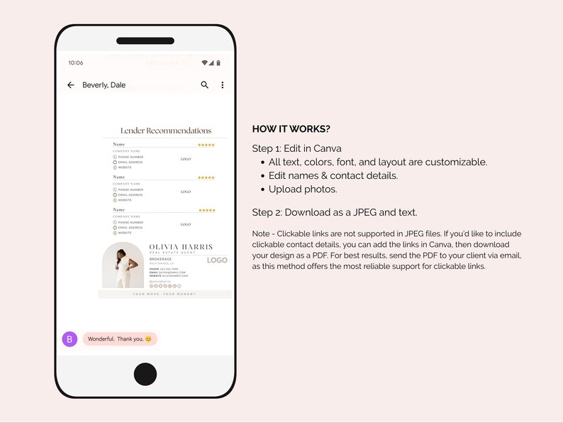 Op de afbeelding: Een smartphone toont een sjabloon voor aanbevelingen van kredietverstrekkers met de naam "Olivia Harris" en de tekst "Hoe werkt het?" Het scherm toont bewerkbare velden en instructies voor Canva.