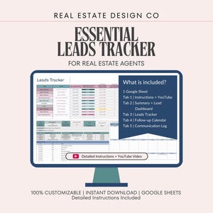 Śledzenie potencjalnych klientów w branży nieruchomości: Arkusze Google, Plan sprzedaży, Panel sterowania, Dziennik komunikacji, Kalendarz działań następczych (wersja cyfrowa do pobrania)