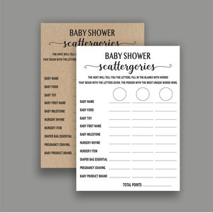 Scattergories babyshowerspel, genderneutraal babyshowerspel, baby Scattergories-spel, Kraft rustieke afdrukbare spellen direct downloaden BS05