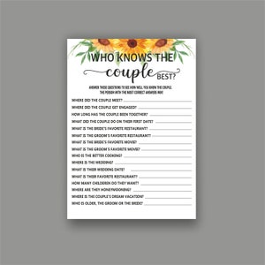 Who Knows The Couple Best? Sunflower Bridal Shower Game, Printable Bride & Groom Party, Bachelorette Party Games BR07