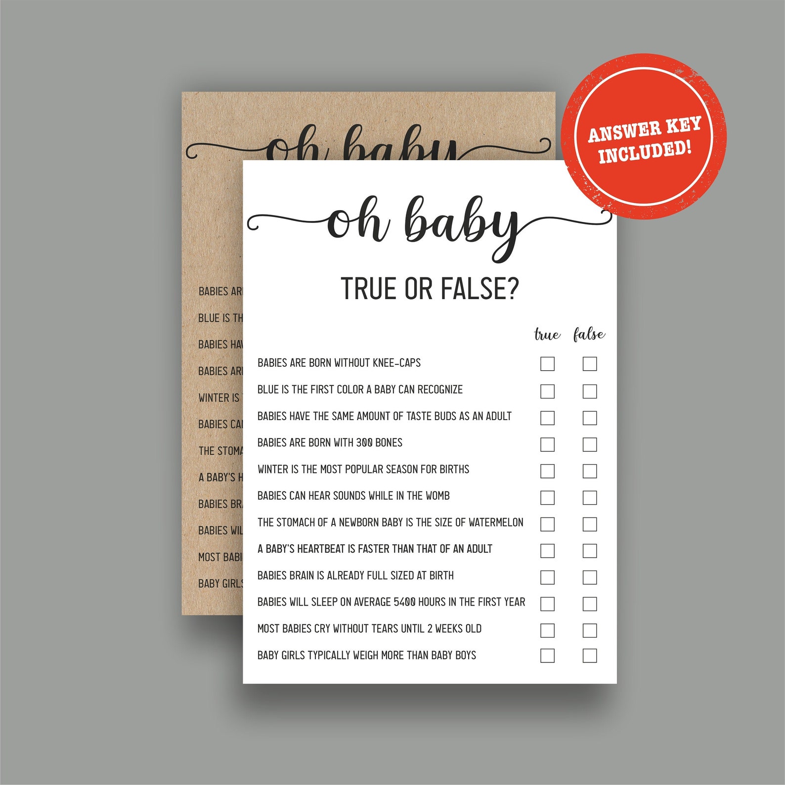 Oh Baby True or False Baby Shower Game, Baby Shower Game, Digital True