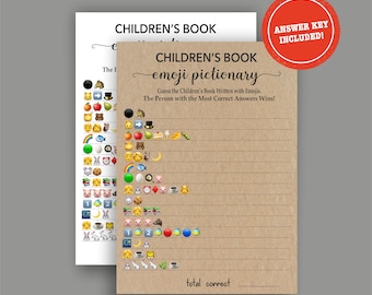 Children's Book Emoji Pictionary, Printable Children's Book Emoji Game Cards, Baby Shower Emoji Pictionary Game, Kraft Baby Shower Game