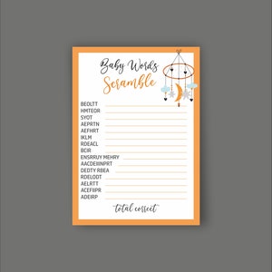 Printable Baby Shower Word Scramble, Word Scramble Game, Baby Shower Baby Word Quiz, Digital Orange Boho Baby Word Scramble