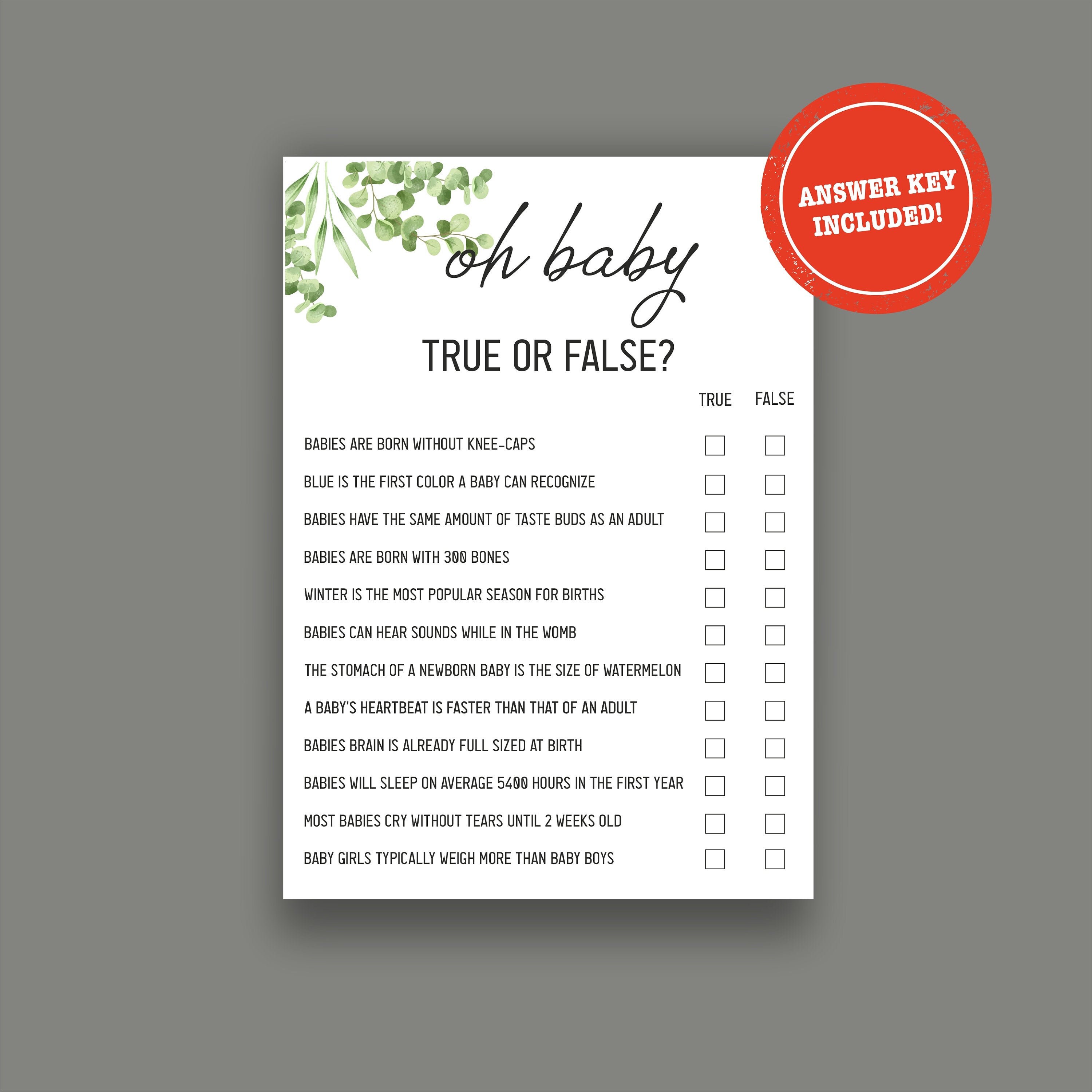 True or False Baby Shower Games, Greenery Oh Baby True or False Game