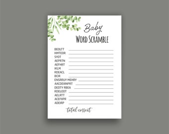 Printable Baby Shower Word Scramble, Greenery Word Scramble Game, Baby Shower Baby Word Greenery , Digital Green Baby Word Scramble BS03
